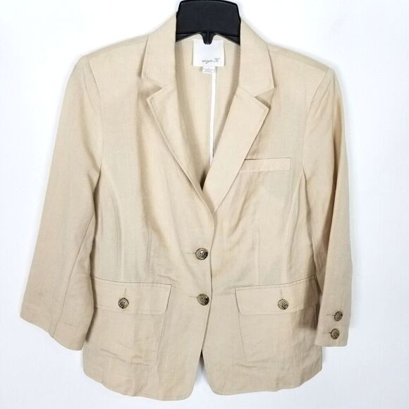 aryn K. Women Linen Blend Blazer Jacket Sz L Beige Lightweight Button Up Preppy - Picture 1 of 7